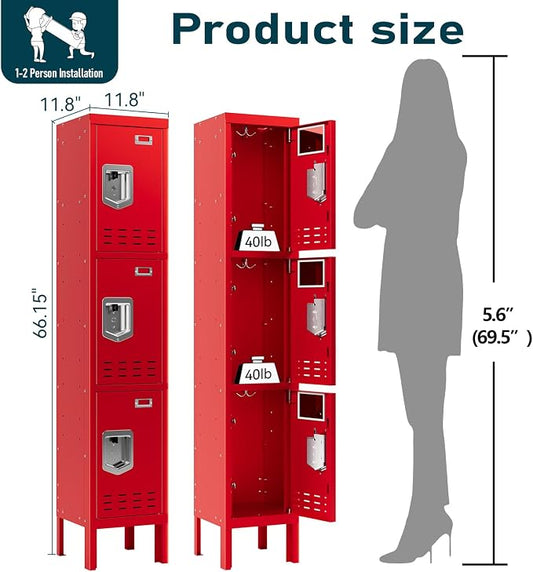 BUTISOW Metal Lockers - 66" Height Steel Lockers for Employees with 3 Door Storage Locker with Card Slot for Employees Gym School Home Office Garage - Assembly Required