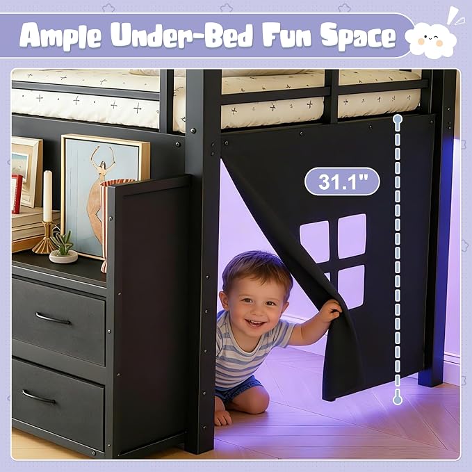 Bellemave Low Loft Bed Full Size with Storage Shelves & Fabric Drawers, Metal Full Loft Bed for Kids with LED Lights & Under-Bed Play Area, Low Loft Bed Frame for Bedroom, No Box Spring Needed, Black