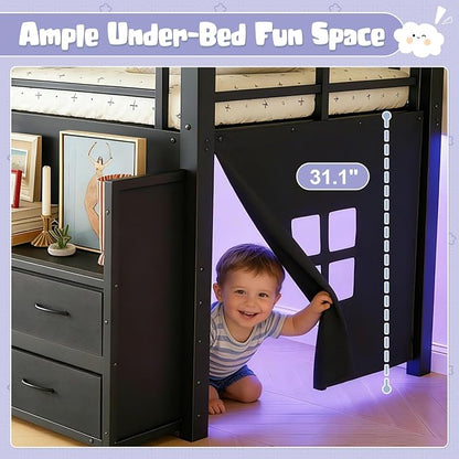 Bellemave Low Loft Bed Full Size with Storage Shelves & Fabric Drawers, Metal Full Loft Bed for Kids with LED Lights & Under-Bed Play Area, Low Loft Bed Frame for Bedroom, No Box Spring Needed, Black