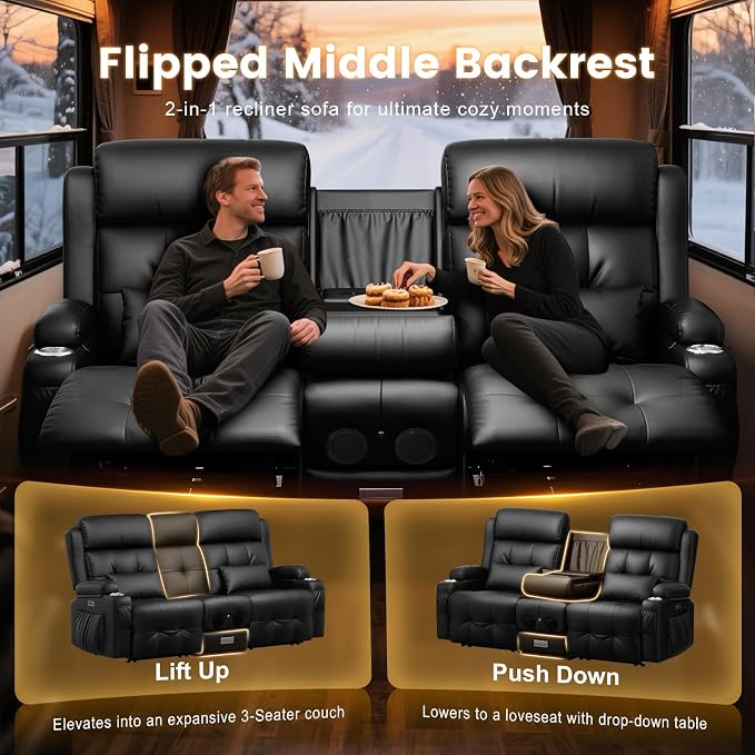 Power Loveseat Recliner Sofa, Home Theater Seating with Heat Massage, Reclining Loveseats with Flip Backrest, Wall Hugger RV Couch Movie Theater Chairs, RV Furniture Sofas with USB, for Gaming Room