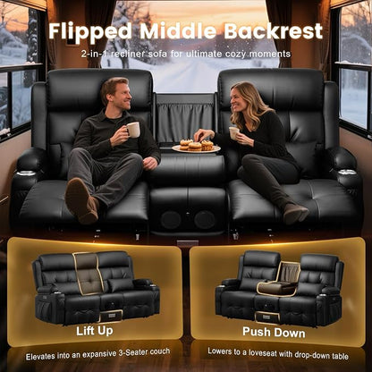 Power Loveseat Recliner Sofa, Home Theater Seating with Heat Massage, Reclining Loveseats with Flip Backrest, Wall Hugger RV Couch Movie Theater Chairs, RV Furniture Sofas with USB, for Gaming Room