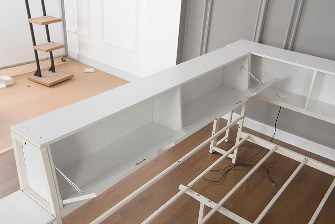 Bellemave Full Size Corner Bed Frame with Storage Drawers, Bookcase and Side Desk, Full Corner Bed with Light and Charging Station, Daybed for Bedroom, Living Room, Guest Room White