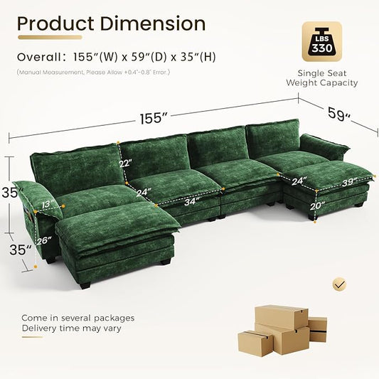 KKL U-Shaped Sectional Couch, 6-Seat Cloud Couch Modular Sectional with Ottoman 155″, Chenille Sectional Couch for Living Room, Apartment, Green