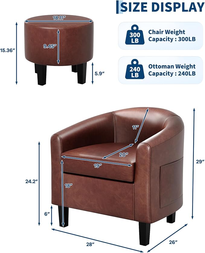 GarveeHome Accent Chair with Ottoman, Faux Leather Barrel Chair, Corner Chair with Stool, Mid-Century Upholstered Living Room Chairs, Brown