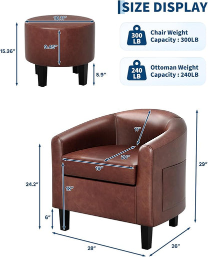 GarveeHome Accent Chair with Ottoman, Faux Leather Barrel Chair, Corner Chair with Stool, Mid-Century Upholstered Living Room Chairs, Brown