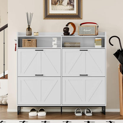 BORNOON Shoe Cabinet with 4 Flip Drawers Narrow Shoe Storage Cabinet Organizer Wooden Freestanding Shoe Rack Hidden Slim Shoes Storage Cabinet for Entryway, Hallway, Living Room, Bedroom