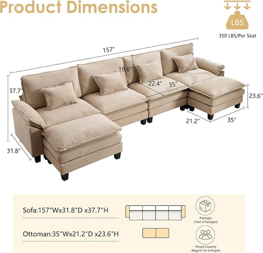 URRED Oversized Modular Sectional Sofa, 157" U Shaped Modern Comfy Cloud Couch with Movable Ottoman & Pillows, Deep Seat Couches for Living Room, Bedroom or Apartment (Corduroy Khaki, 157" U Shaped)