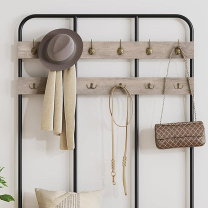 HOOBRO Hall Tree with Bench, Entryway Bench with Coat Rack, Mud Room Rack with 12 Double Hooks and Shoe Storage, Coat Tree, Shoe Organizer, for Foyer, Front Door, Greige and Black BG05MT01