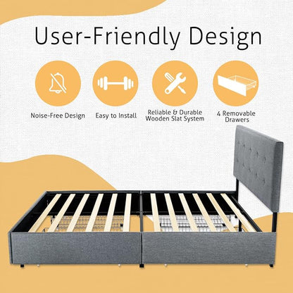 SHA CERLIN Upholstered Full Size Platform Bed Frame with 4 Storage Drawers, Adjustable Headboard with Square Stitched Button Tufted Design, Wooden Slat Support, No Box Spring Needed, Light Grey