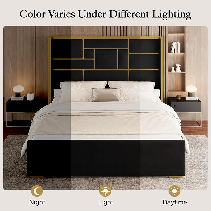 Queen Bed Frame with 55.12" Tall Headboard, Modern Luxury Velvet Upholstered Platform Bed with Gold Trim, Wide Wingback Design, Noise-Free, Easy Assembly, No Box Spring Needed, Black