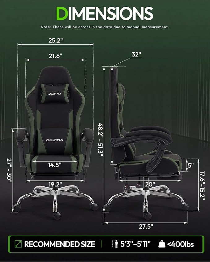 Dowinx Ergonomic Gaming Chair with Footrest & Massage Lumbar, 2D-Linkage Armrests for Computer Chair 330lbs with Headrest Pillow for Office, Home, Streaming and Long Gaming Sessions, Fabric Dark Green