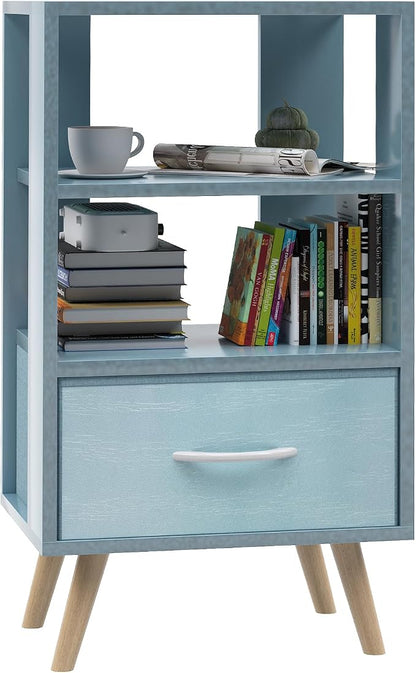 Aenuert Night Stand, Blue Nightstand with Drawer, Side Table with Open Storage, 3-Tier Modern End Table, Bedside Table for Small Space, Living Room, Bedroom