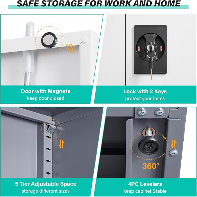 Wide & Deep Metal Storage Cabinet with Shelves,72 inch Tall Garage Storage Cabinet with Lock,Gray White Metal Cabinets with Locking Doors,Large Steel Lockable Cabinets for Home,Office,Shop,Garage