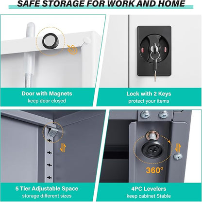 Wide & Deep Metal Storage Cabinet with Shelves,72 inch Tall Garage Storage Cabinet with Lock,Gray White Metal Cabinets with Locking Doors,Large Steel Lockable Cabinets for Home,Office,Shop,Garage