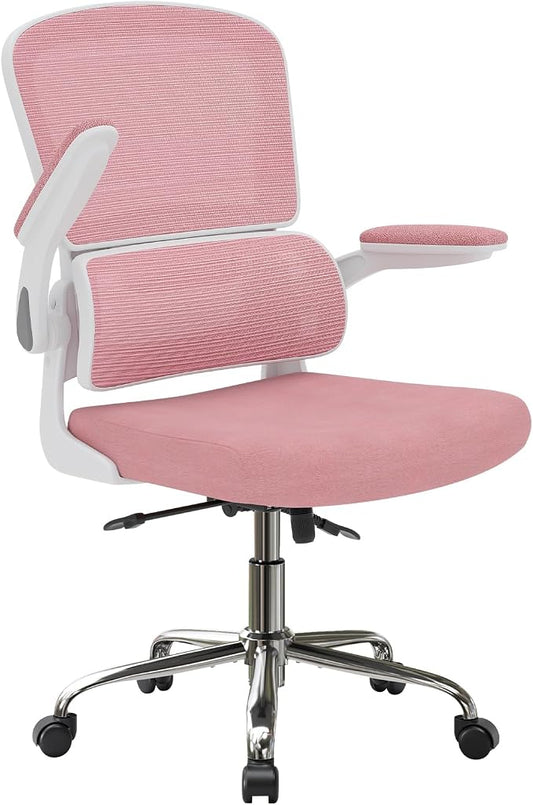 Office Chair, Ergonomic Desk Chair - Thick Cushion Adjustable Height Computer Chair with Lumbar Support and Flip-up Armrests, Pink Home Office Desk Chairs, Swivel Executive Task Chair…