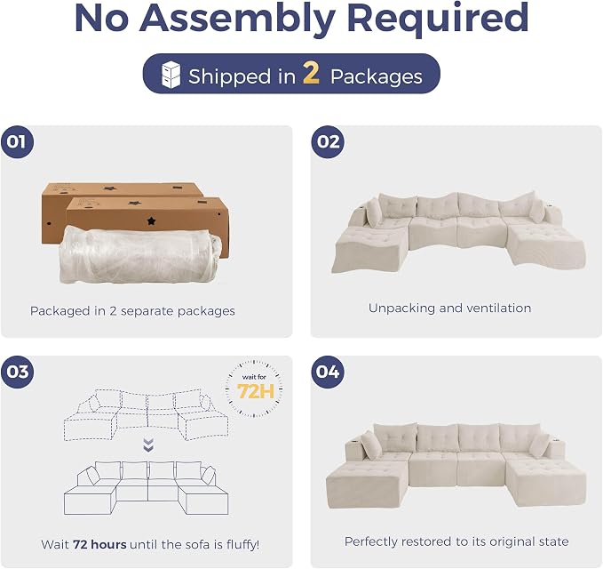 MAXYOYO 129.5" Modular Sectional Sofa Couch, U Shaped Modern Cloud Couch with 2 Ottomans, Sofa in A Box, Tufted 6-Seat Boneless Chair for Living Room, No Assembly Required, Beige