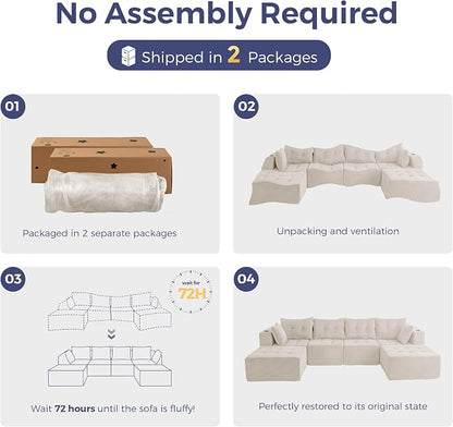 MAXYOYO 129.5" Modular Sectional Sofa Couch, U Shaped Modern Cloud Couch with 2 Ottomans, Sofa in A Box, Tufted 6-Seat Boneless Chair for Living Room, No Assembly Required, Beige