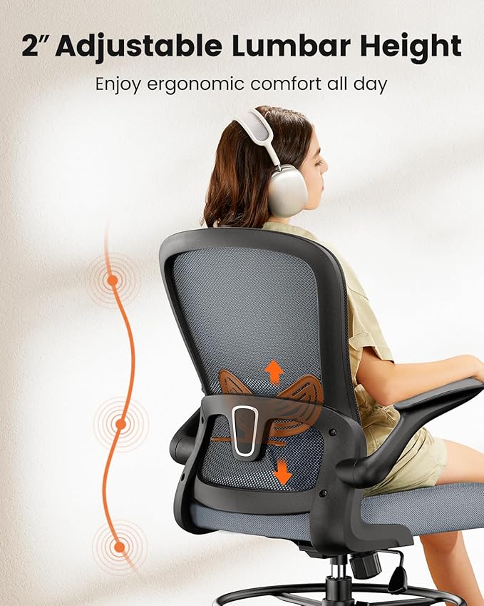 ErGear Drafting Chair,Tall Office Chair with Flip-Up Armrests, High Desk Chair Adjustable Height and Adjustable Footrest Ring, Ergonomic Standing Desk Chair with Lumbar Support, Blue,8 Pack