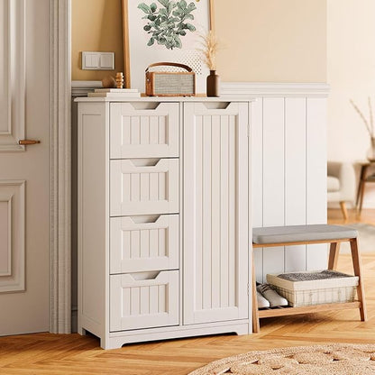 Gizoon Small Pantry with Door and Shelves, 33'' Small Coffee Bar Cabinet with 4 Drawers Kitchen Pantry Storage Cabinet for Kitchen and Living Room, White, Painted