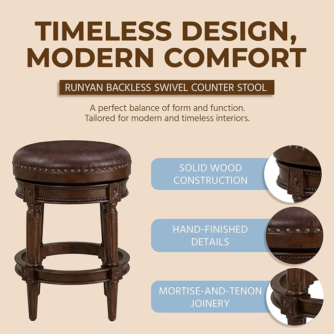 ROME + OAK Runyan 26" Swivel Counter Stool, Rotating Backless Barstool in Walnut with Brown Vegan Leather Seat - for Kitchens or Dining Rooms