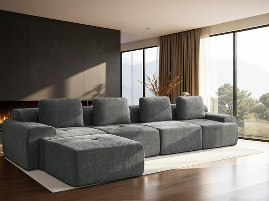 159" L-Shaped Modular Sectional Sofa, Oversized Boneless Cloud Couch for Living Room with Extra Deep Seat & High Back, Tool-Free No Assembly, Soft Chenille (Dark Grey, 159 inch-L Shaped（4+1）)