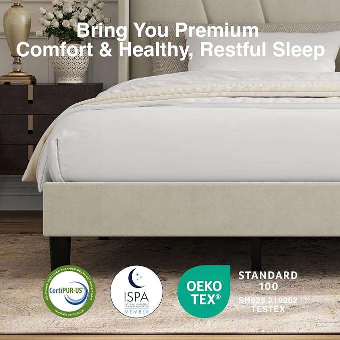 Novilla Full Size Bed Frame, Full Bed Frame with Headboard, Velvet Upholstered Wing Side Headboard, No Box Spring Needed, Heavy Duty Feet, Easy Assembly, White Velvet