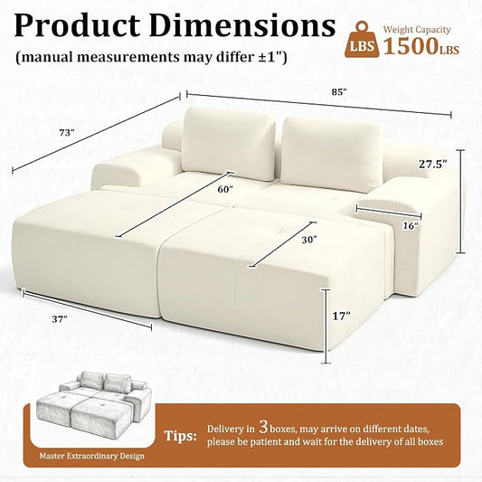 85" Oversized Boneless Couch, Comfort Cloud Sectional Couches for Living Room, Modular Sofa High Back & Extra Deep Seat, No Assembly, Soft Chenille Fabric (Warm White, 85 inch- Shaped（2+2）)