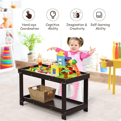Costzon 2 in 1 Kids Activity Table w/Storage, Patented Building Block Table w/Board for Bricks Crafts Arts Draw, Children Solid Wood Play Table Desk for Preschool Toddler Boy & Girl Gift, Espresso
