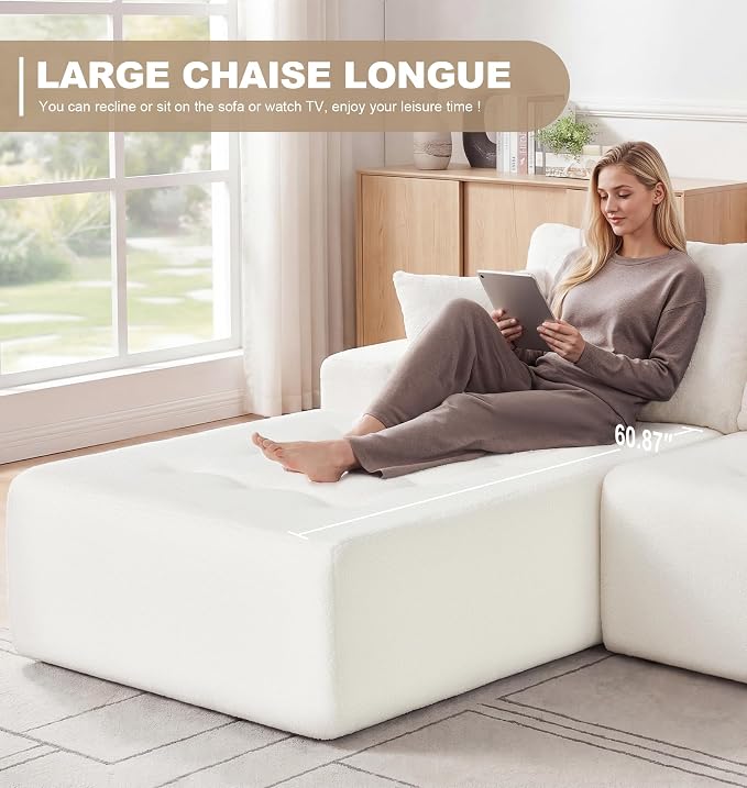 Hobestluk Modular Sectional Sofa Couches L-Shape Couch 3 Seat Modular Sofa Memory Foam Sectional Couches for Living Room, Cloud Couch with Oversized Chaise (White Tufted, 108", Left Hand Facing)
