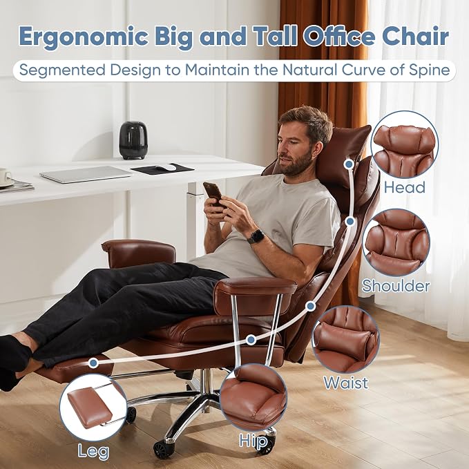 DUMOS Home Office Desk Executive Chair - Ergonomic Big Tall High Back with Footrest & Lumbar Support, Reclining Height Adjustable, Comfy PU Leather Computer Gaming with Swivel Wheels, Brown
