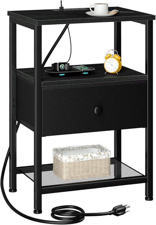 LOAKEKEL Night Stand, Nightstand with Charging Station, Slim Industrial Bedside Table with Fabric Drawer, Small End Table with USB & Type-C Ports for Bedroom, Black, HETS010BK-1