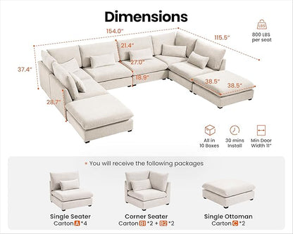 154" Oversized Chenille Couch Modular Sectional Sofa, Washable Cloud Couch Sectional with 4 Ottoman, 8 Seater Sectional Couches for Living Room, Fully Cover Removable, Sleeper Sofa, Chenille, White