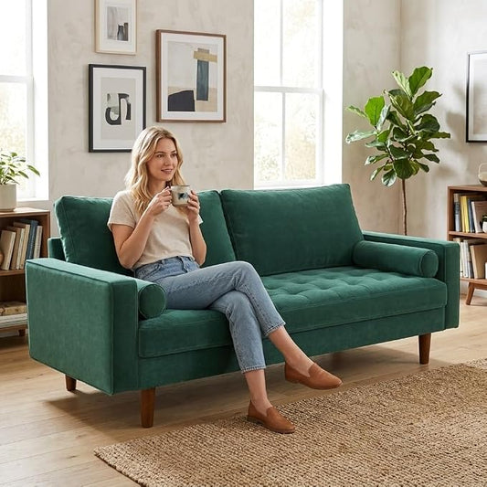 Container Furniture Direct Womble 70 Inch Velvet Sofa with Elegant Button Tufted Upholstery, Square Arms, Splayed Wood Legs, Includes Matching Bolster Pillows, Green