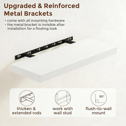 fuqing White Floating Shelves | 24 Inch Wood Floating Shelves for Wall Set of 2 | 24" W x 6.7" D x 1.4" H Rustic White Wooden Shelves for Bathroom Living Room Bedroom Kitchen
