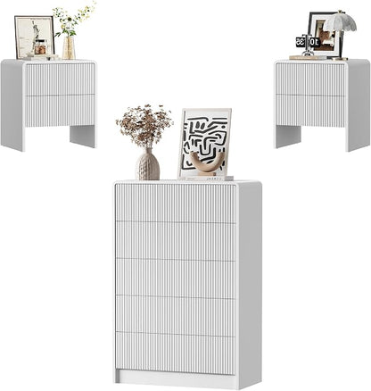 Furniway 3 Piece Bedroom Dresser Set, 5 Drawer Dresser with 2 Nightstands, Fluted Chest of Drawers with Pop-Up Design, Modern Storage Furniture for Bedroom, Living Room, Entryway, White
