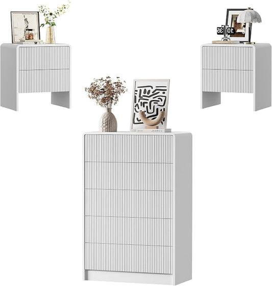 Furniway 3 Piece Bedroom Dresser Set, 5 Drawer Dresser with 2 Nightstands, Fluted Chest of Drawers with Pop-Up Design, Modern Storage Furniture for Bedroom, Living Room, Entryway, White