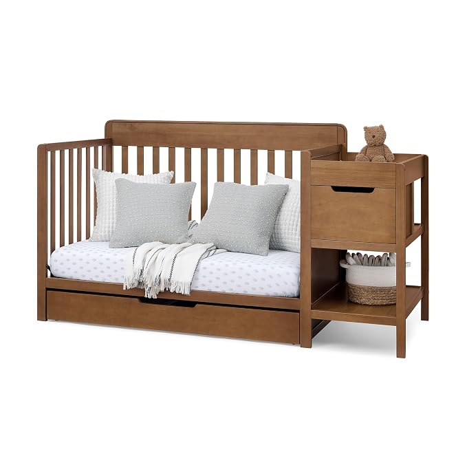 Delta Children Maya 5-in-1 Convertible Crib and Changer with Storage, Converts to Toddler Bed, Daybed, Sofa & Full Bed, Greenguard Gold Certified, 3 Mattress Heights for Baby, Chestnut