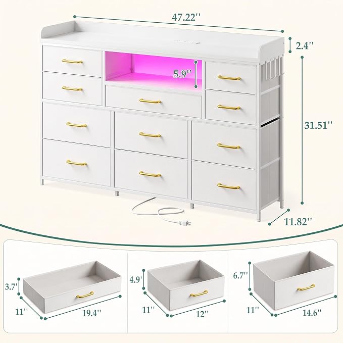 Bepatio LED Dresser for Bedroom with 11 Drawers,Power Strip,4 Hooks,White | Stylish Dressers & Chests of Drawers with 2 Wood Storage Shelves, TV Stand for 50/55/60 Inch TVs, Sturdy Metal Frame