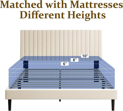 Sismplly Queen Size Bed Frame with Velvet Upholstered Headboard, Platform Bed with Strong Wood Slats, Mattress Foundation, Box Spring Optional, Easy Assembly, Beige