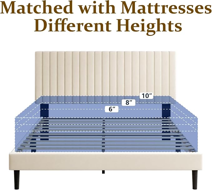 Sismplly Full Size Bed Frame with Velvet Upholstered Headboard, Platform Bed with Strong Wood Slats, Mattress Foundation, Box Spring Optional, Easy Assembly, Beige