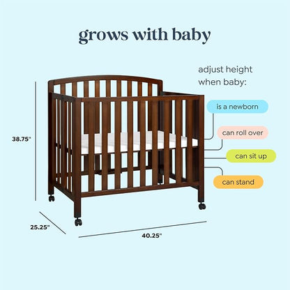 Davinci Dylan 3-in-1 Convertible Portable Mini Crib, Espresso | GREENGUARD Gold Certified - Folding Baby Crib With Wheels, 4 Adjustable Mattress Heights, Conversion Kit Sold Separately