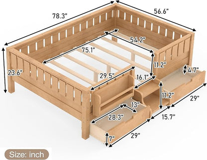 Bellemave Full Floor Bed with Stairs, Rails and Slats, Full Size Montessori Floor Bed with Bookshelf and 2 Storage Drawers, Easy Assemble Montessori Beds Frame for Girls, Boys, Light Natural