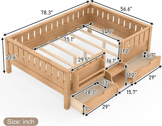 Bellemave Full Floor Bed with Stairs, Rails and Slats, Full Size Montessori Floor Bed with Bookshelf and 2 Storage Drawers, Easy Assemble Montessori Beds Frame for Girls, Boys, Light Natural