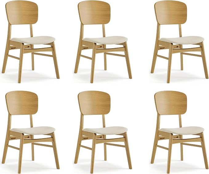KISLOT Wooden Dining Chairs Set of 6, Upholstered Modern Dining Room Chairs, Mid Century Oak Kitchen Chairs with Ergonomic Wood Backrest for Farmhouse, Restaurant, Café (Cream Fabric & Original Color)