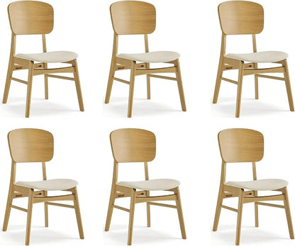 KISLOT Wooden Dining Chairs Set of 6, Upholstered Modern Dining Room Chairs, Mid Century Oak Kitchen Chairs with Ergonomic Wood Backrest for Farmhouse, Restaurant, Café (Cream Fabric & Original Color)