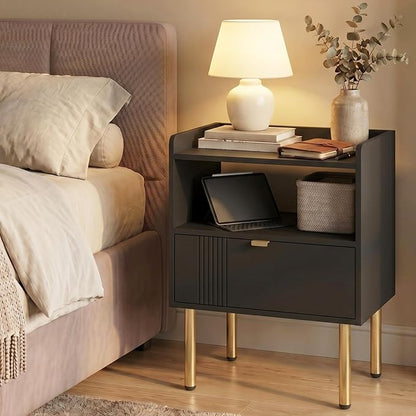 Black Mid-Century Modern Nightstand, End Table with Drawer & Open Shelf | Sturdy metal legs, space-saving for small rooms, quick assembly, raised anti-slip edge, fits bedroom dorm living room