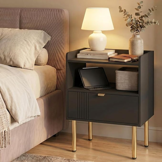 Black Mid-Century Modern Nightstand, End Table with Drawer & Open Shelf | Sturdy metal legs, space-saving for small rooms, quick assembly, raised anti-slip edge, fits bedroom dorm living room