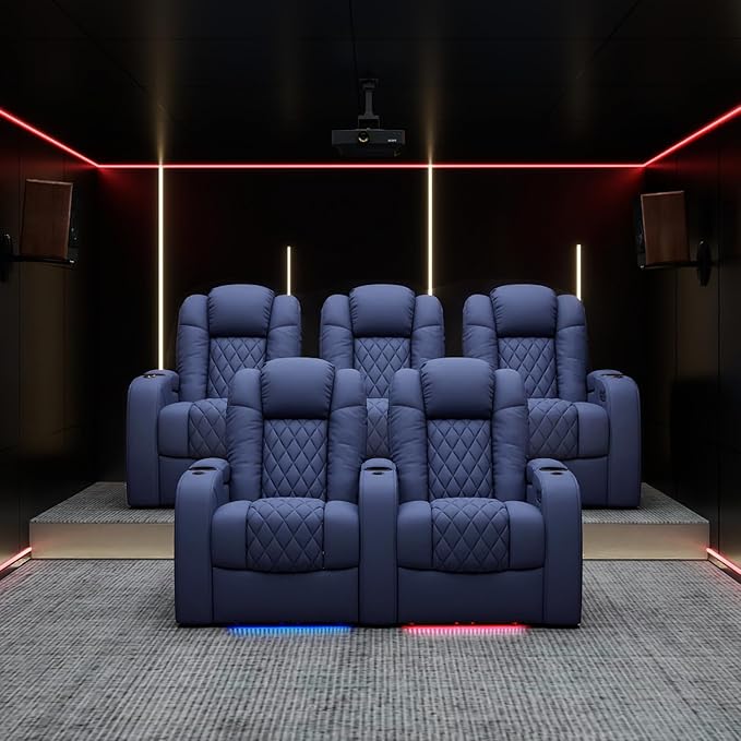 Weilianda Home Theater Seating Top Grain Leather Zero Gravity Recliner Chair Power Headrest Recline Movie Seat Gaming 7 Colors Mood Light Sofa with Tray Table USB Charge Row of 4 Loveseat Middle Blue