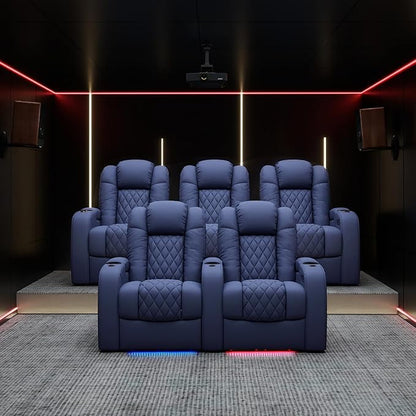 Weilianda Home Theater Seating Top Grain Leather Zero Gravity Recliner Chair Power Headrest Recline Movie Seat Gaming 7 Colors Mood Light Sofa with Tray Table USB Charge Row of 4 Loveseat Middle Blue