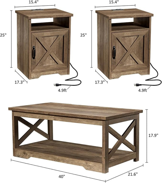AMERLIFE 3-Piece Farmhouse Table Set Includes Coffee Table& Two End Tables, Side Table with Charging Station and USB Ports, for Living Room, Barnwood